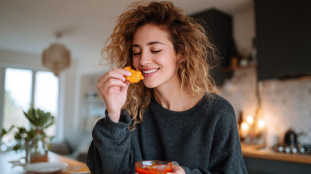 Woman in casual attire dipping a golden chicken nugget into spicy hot sauce, enjoying her meal in a modern kitchenの素材