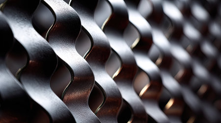 Abstract close-up of a metal fence with a repeating pattern, showcasing the smooth, shiny texture and reflective surfaceの素材