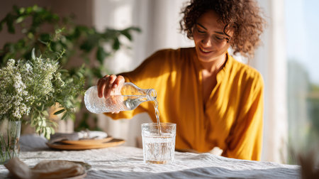 Woman pouring water from a glass bottle into a tumbler on a bright dining table, with a refreshing vibe and minimal decorの素材