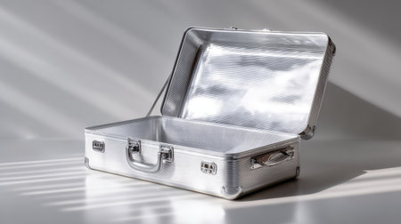 An empty aluminum suitcase open on a clean white surface, ready for packing, with reflections on the shiny surfaceの素材