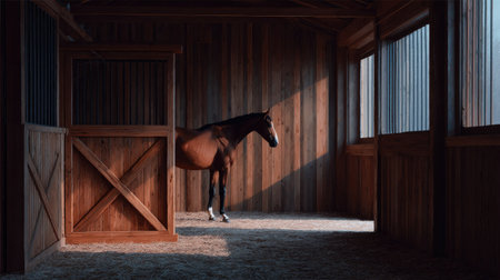 An artistic composition of a horse standing in profile inside a detailed wooden stall, ambient barn moodの素材