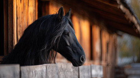 A black Friesian horse with flowing mane inside a well-maintained wooden stall, soft morning light casting shadows on the wallsの素材