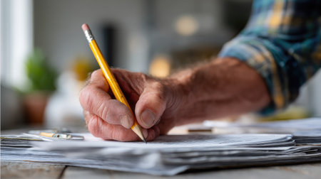Working man leaning over documents, carefully filling in form fields with a standard yellow pencilの素材