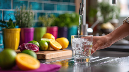 Woman pouring fresh, cool water into a glass, surrounded by a modern kitchen with bright, vibrant colorsの素材