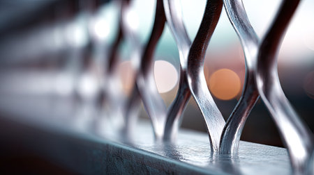Abstract close-up of a metal fence with a repeating pattern, showcasing the smooth, shiny texture and reflective surfaceの素材