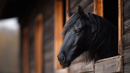 A black Friesian horse with flowing mane inside a well-maintained wooden stall, soft morning light casting shadows on the wallsの素材