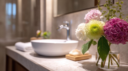 A bathroom sink with a beautifully arranged flower vase nearby, offering a fresh contrast to the neutral tones of the bathroom dcorの素材