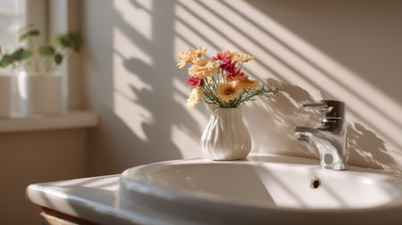 A bathroom sink with a small vase of flowers sitting nearby, softly illuminated by natural light coming through the window, creating a peaceful vibeの素材
