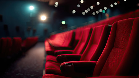 Comfortable red cinema seats in perfect rows, no audience present, screen glowing faintly in the distanceの素材
