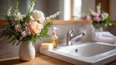 A bathroom sink with a vase of beautiful flowers placed nearby, creating a cozy and inviting atmosphere in the spaceの素材
