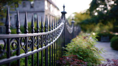 An ornate metal fence with a curving pattern, topped with pointed spires, giving a classical look to an elegant propertyの素材