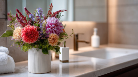 A beautiful vase filled with fresh flowers, placed near a sleek bathroom sink, with the floral arrangement adding vibrancy to the minimalist bathroom dcorの素材