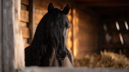 A black Friesian horse with flowing mane inside a well-maintained wooden stall, soft morning light casting shadows on the wallsの素材