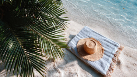 A beach towel and straw hat laid out under a palm tree, tropical paradise vibesの素材