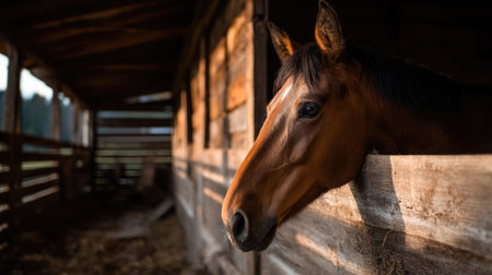 An elegant horse in a weathered wooden stall, looking out curiously as sunlight filters through the barn slatsの素材