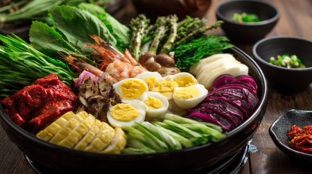 A beautifully presented Korean hot pot with concentric circles of ingredients before cooking beginsの素材