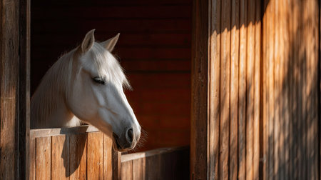 A beautiful white horse calmly gazing outside from a wooden stall, sunlight casting warm tones on the wooden panelsの素材