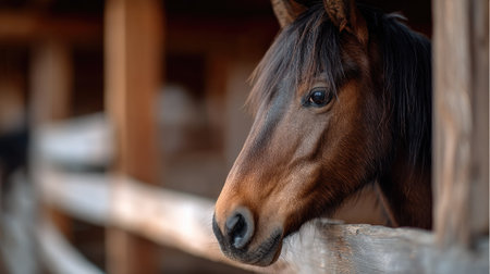 A close-up of a horse's profile framed by the wood beams of its stall, soft lighting creating a peaceful toneの素材