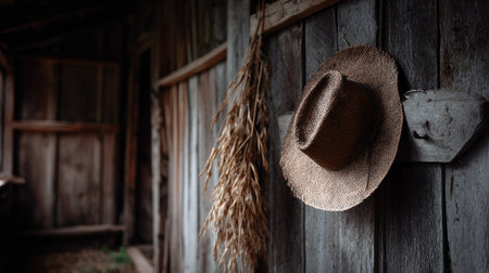 A farmer's straw hat hanging on a hook in a weathered old barn, rich with characterの素材