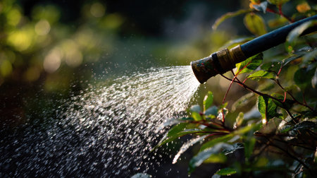 A close-up of a rubber hose spraying water on plants with droplets creating a refreshing mist, set against a sunny backyard backdropの素材