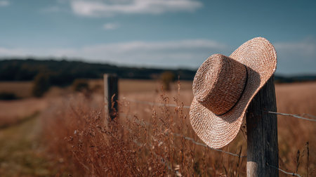 A close-up of a woven straw hat hanging on a rustic fence post in a golden countryside fieldの素材