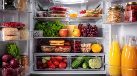 A family-friendly refrigerator packed with lunch ingredients, snacks, and drinks, showing variety and balanceの素材