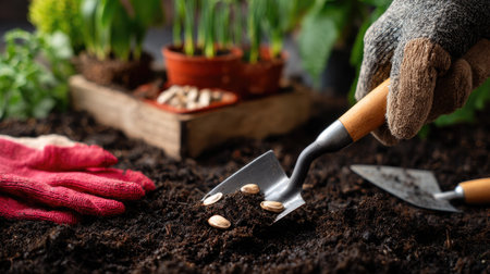 A hand planting seeds using a small trowel on rich, fertile soil, surrounded by gardening tools such as gloves and a spadeの素材