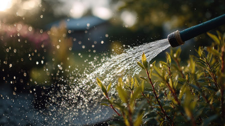 A close-up of a rubber hose spraying water on plants with droplets creating a refreshing mist, set against a sunny backyard backdropの素材