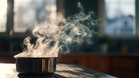 A close-up of steam rising from a pot on the stove, soft light highlighting the movement in the airの素材