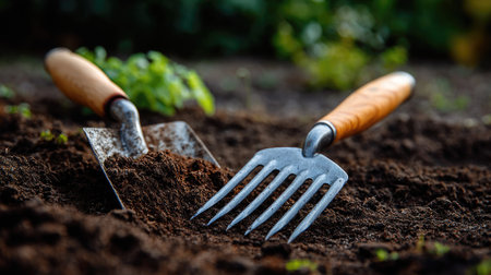 A close-up of a trowel and hand rake on moist, fertile soil in a garden, with the texture of the earth suggesting it's ready for plantingの素材