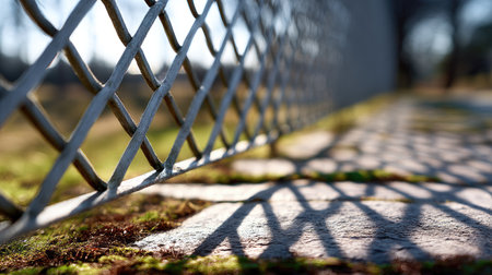 A close-up shot of a metal fence with a diamond mesh pattern, reflecting the sunlight and casting shadows on the groundの素材