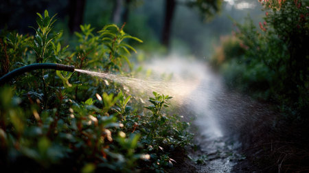 A green garden with a rubber watering hose spraying water onto the plants, the mist catching the light and creating a serene atmosphereの素材