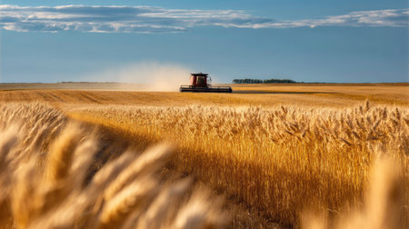 A combine harvester moving through a golden wheat field under a bright summer skyの素材