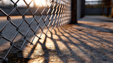 A close-up shot of a metal fence with a diamond mesh pattern, reflecting the sunlight and casting shadows on the groundの素材