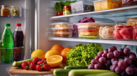 A family-friendly refrigerator packed with lunch ingredients, snacks, and drinks, showing variety and balanceの素材
