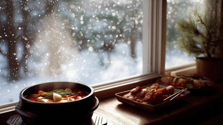 A cozy winter scene with a Korean hot pot meal steaming beside a window with snow falling outsideの素材