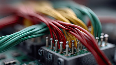 A detailed close-up of a set of colorful electrical wires connected to a circuit board, highlighting the orderliness of the installation processの素材