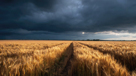 A golden wheat field under a dramatic sky, dark clouds contrasting against the glowing crops belowの素材