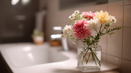 A delicate flower arrangement in a vase near a bathroom sink, with soft lighting highlighting the colors of the petals and the clean, modern design of the bathroomの素材