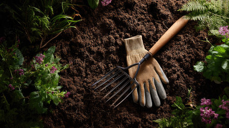 A gardener's gloves and a rake resting on freshly tilled, rich soil, showing the texture of the earth and a peaceful outdoor sceneの素材