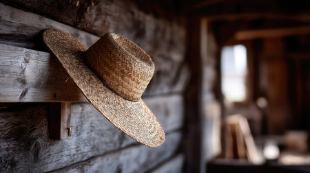 A farmer's straw hat hanging on a hook in a weathered old barn, rich with characterの素材