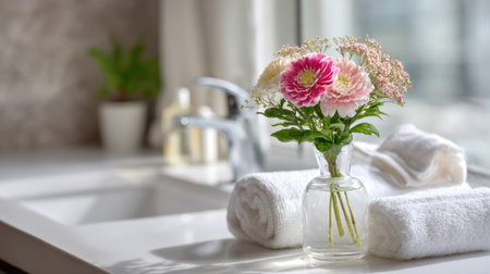 A delicate flower arrangement in a glass vase near the sink, surrounded by clean bathroom fixtures and fresh towels, giving a calm and welcoming feelの素材