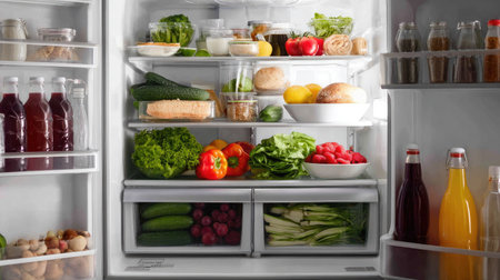 A family-friendly refrigerator packed with lunch ingredients, snacks, and drinks, showing variety and balanceの素材