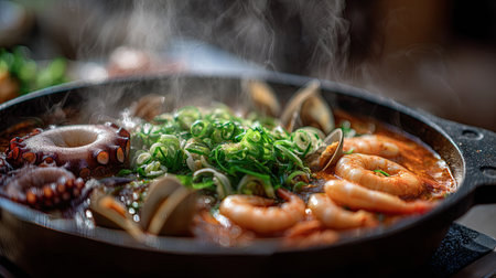 A hot pot of haemul jeongol seafood stew steaming with octopus, clams, shrimp, and green onionsの素材
