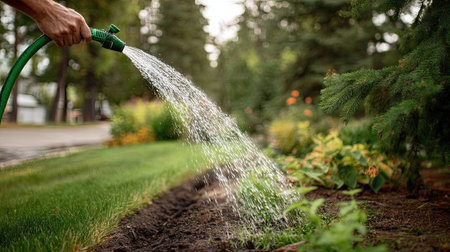 A gardener watering the lawn with a rubber hose, water flowing out in a steady stream, soaking the ground in a suburban gardenの素材