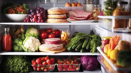 A fridge fully stocked with farm-fresh produce, meats, and organic snacks, each item neatly placed in its own sectionの素材
