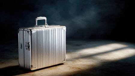 A high-end empty aluminum suitcase with a shiny finish on a textured background, perfect for travel or business useの素材