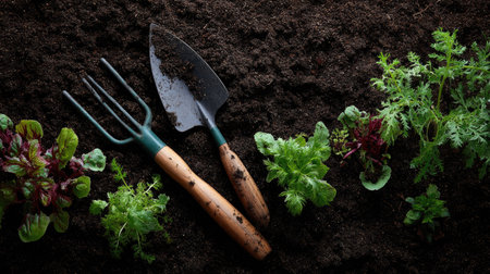 A garden shovel and rake lying on rich, dark soil, surrounded by young plants, showing the tools in use on fertile groundの素材
