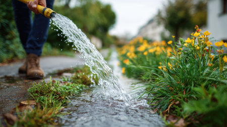 A gardener watering the lawn with a rubber hose, water flowing out in a steady stream, soaking the ground in a suburban gardenの素材