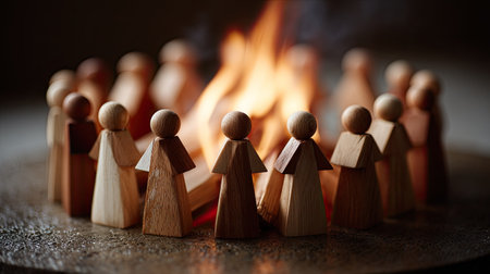 A group of wooden figures encircling a fire, symbolizing intense group discussion or collective passionの素材